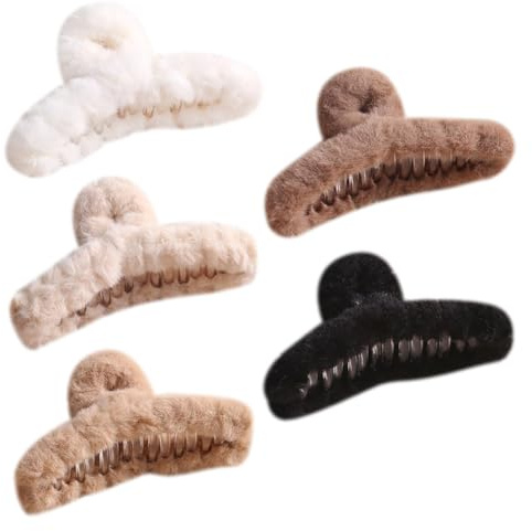 FSSTUD 5 Pcs Fluffy Plush Hair Claw Clips Large Fuzzy Hair Clips Non Slip Hair Jaw Clips Strong Hold Hair Clamps Faux Fur Hair Claw Clip Winter Furry Hair Accessories Multi 2