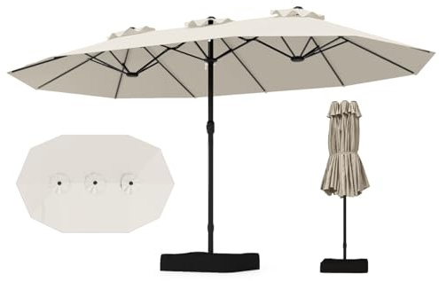 GOPLUS Parasol de Jardin Exterieur avec Pied, 4,5M Grand Parasol Rectangulaire Double Face, avec Manivelle, 12 Baleines, Base avec Sacs à Sable, pour Piscine Jardin Terrasse (Beige)