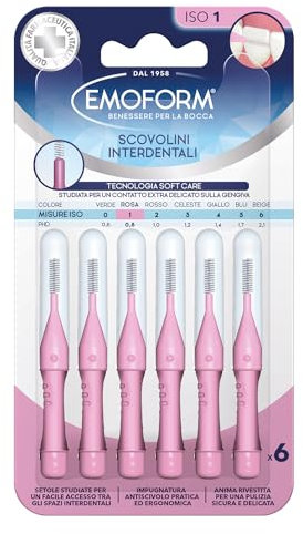 Scovolino Interdentale Emoform Rosa 6 Pz. con Tecnologia SoftCare per un Contatto Extra Delicato sulle Gengive grazie alle Setole Morbide - Impugnatura Antiscivolo con Cappuccio per l'igiene Orale