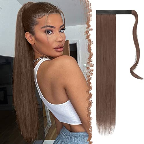 FESHFEN Posticci per capelli Extension Coda Di Cavallo Capelli Lunga Estensione Capelli Sintetici Coda Capelli Extensions per Donna 60cm, Castano Medio