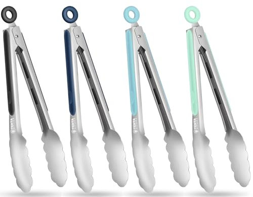 Grillzange Küchenzange, 23CM Grillzangen Edelstahl mit Verriegelung, Metall Zange Küche mit Rutschfestem Silikongriff, Kochzange Grill Zange Lang zum Kochen, Grillen, Heißluftfritteuse (4PCS)