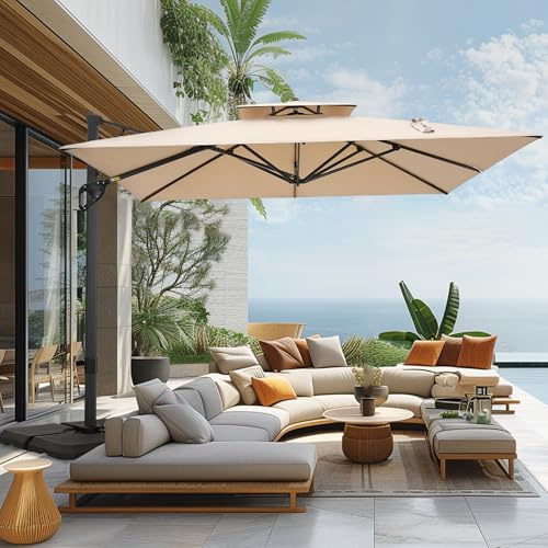 Sophia & William Cantilever Patio Umbrella 10ft, Offset Large Square Outdoor Umbrellas with 360-degree Rotation, Heavy Duty Windproof for Garden Pool Backyard, Beige with Base
