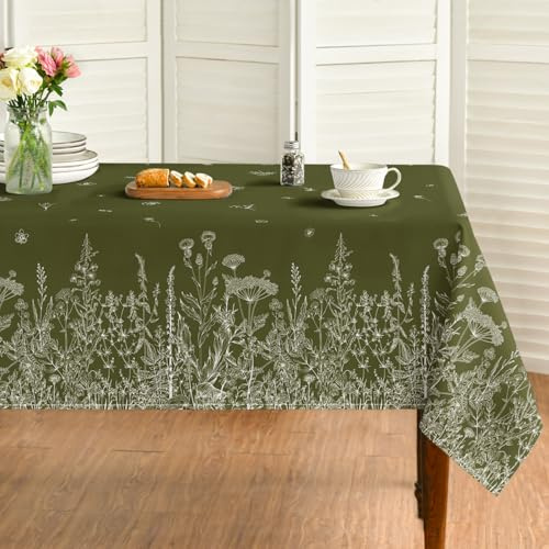 Horaldaily Spring Summer Summer Tablecloth 60x84 Inch Oval, Wild Flowers Floral Moss Green Washable Seasonal Table Cover for Party Picnic Dinner Decor…