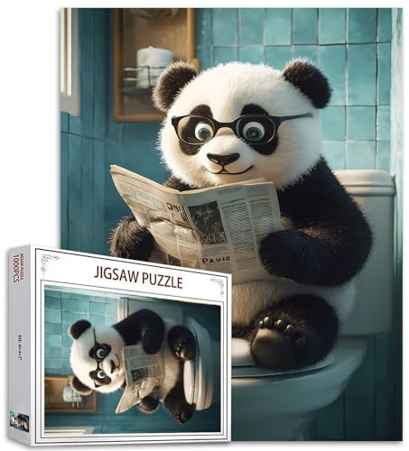 Tucoco Store Puzzle de panda avec journal assis sur un siège de toilettes 1 000 pièces, pour adultes, puzzle de bricolage coloré pour la décoration de la maison, jeu difficile pour les activités