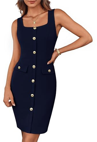 GRACE KARIN Abito da donna Cocktail, elegante, senza maniche, con scollo quadrato, abbottonato, in vita, per lavoro, ufficio, formale, con cintura, a tubino, Bodycon, miniabito con cintura, Blu mare