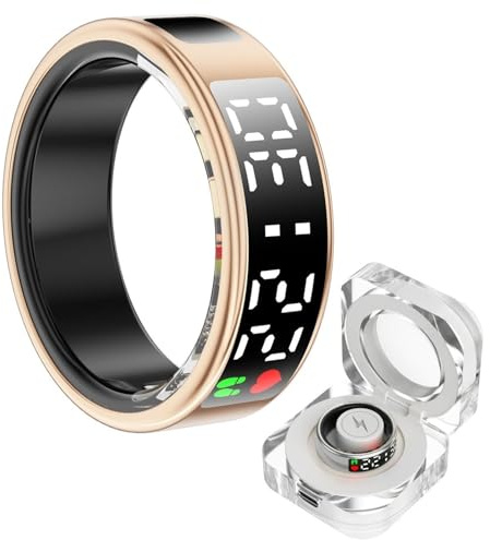 THUCHENYUC Smart Ring Health Tracker With LED Display Screen, Wearable Sleep Heart Rate Step Blood Oxygen Blood Pressure Tracker IP68 Waterproof Smart Ring For Women Men(Gold,9)