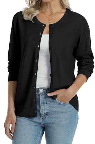 QUALFORT Women's 100% Cotton Cardigans Soft Lightweight Long Sleeve Knitted Crewneck Button Down Sweater Black Large