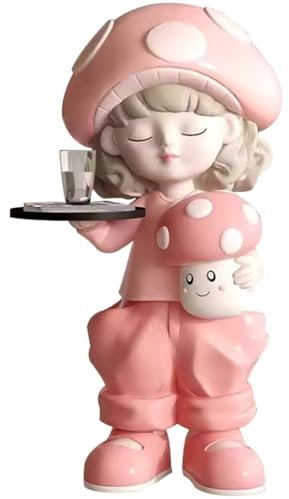 Skulptur Deko Mit Tablett Großes Bodenstehendes Pilzmädchen Tablett Deko Statue, Harz-Serviertablett Für Bekleidungsgeschäft, Parfüm-Aufbewahrungstablett, Geburtstagsgeschenk(Rosa)
