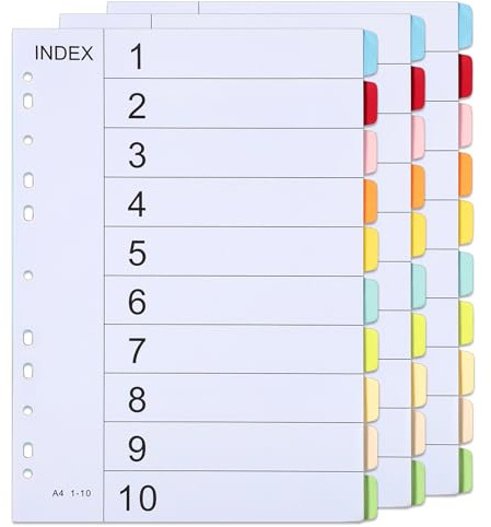 File Dividers A4, 3 Pack 10 Part Folder Dividers Coloured Multi Hole Punched A4 Dividers Tabbed Index Divider for Lever Arch Files Ring Binders Office School Index Dividers