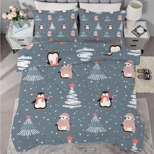 buyluhn Bettdecke 180x220 Pinguin, 4 Jahreszeiten Bettdecken Schneeflocke Ohne Bezug Nutzbar, Kinder Steppdecke Ganzjahresdecke, Waschbar Bettzeug mit 2 Kissenbezug für Sommer Winter
