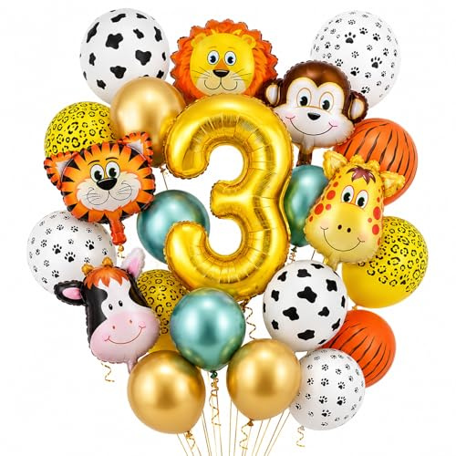 Gleemix Dschungel Luftballons 3. Geburtstag Set, Tier Folienballons, XL Ballon 3 Geburtstag, Safari Deko, Geburtstagsdeko 3 Jahre für Mädchen Junge Babyparty Wild Party