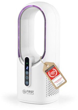 TZS First Austria - Ventilador de Mesa a Batería - 5W - 3 Velocidades & Temporizador - Ventilador sin Aspas Silencioso con Luz Nocturna 7 Colores & USB-C - Táctil - Blanco