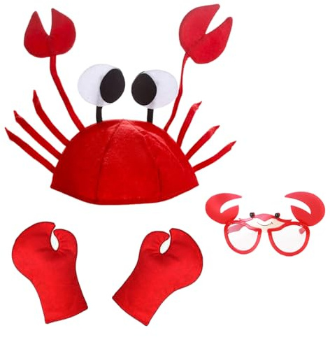 WORUIB 4 Pcs Crab Costume Accessories, under The Sea Costumes, with Glasses, Claws Gloves, Adjustable Crab Hat for Halloween Party, Cosplay, Seafood Festival Party for Adults