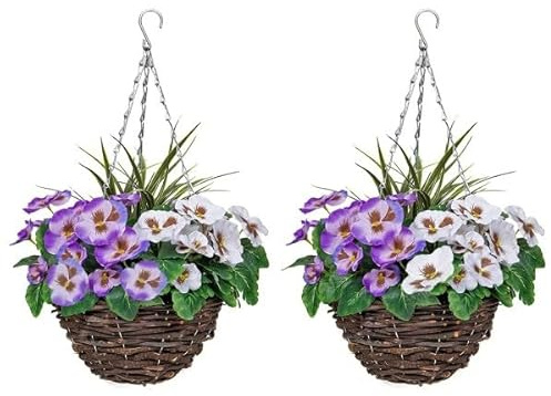 GreenBrokers 2 x Hanging Baskets with Purple and White Flowers and Decorative Grasses (Set of 2)