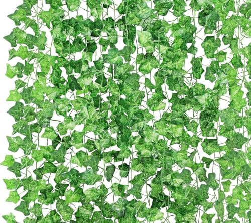 Voarge 16Pcs 110Ft Artificial Ivy Garland, Aesthetic Hanging Vines, Ivy Garland Fake Vines UV Resistant Green Leaves, for Weddings Home Kitchen Garden Office Wall Decor