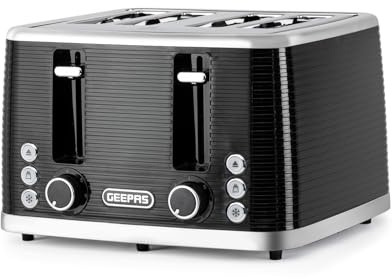 GEEPAS Linear 4 Slice Toaster 7 Browning Cancel Defrost Reheat 1600W Black | Anti Jam For Thin Small Bread Slice Removable Crumb Tray High Lift