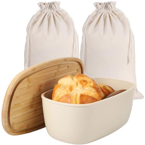 Grande boîte à pain pour comptoir de cuisine avec couvercle de planche à découper en bois, bac de rangement en plastique et 2 sacs à pain avec doublure résistante à l'huile
