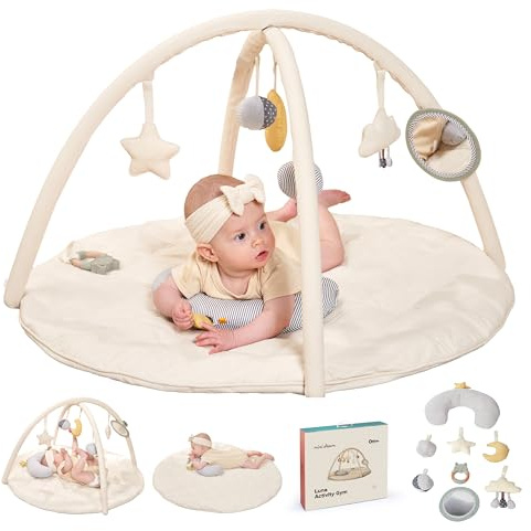 Baby Playmat and Activity Gym for Newborn to 3 Years, Tummy Time Play Mat with Hanging Toys, Baby Mirror, Support Pillow and Sensory Toys with Sound for Early Development
