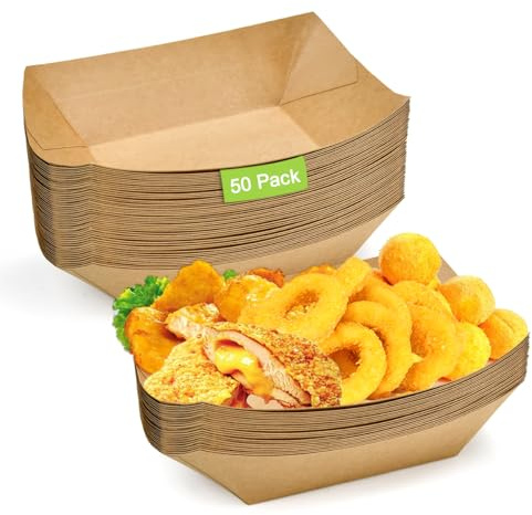 Huucozn 50 PCS Cuencos Aperitivos Desechables, Platos para Aperitivos Desechables, Cuencos de Papel de Estraza para Alimentos, Cuencos Aperitivos Carton para Freír, Picnic- 14,7x9x4,2cm
