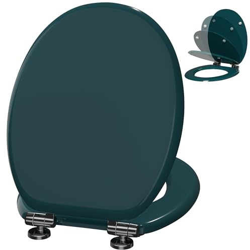 Angel Shield Wooden Toilet Seat with Adjustable Soft Close Hinges Antibacterial Molded Wood Toilet Seat Quick Release Removable Lid for Easy Cleaning and Assembly (Dark Green)