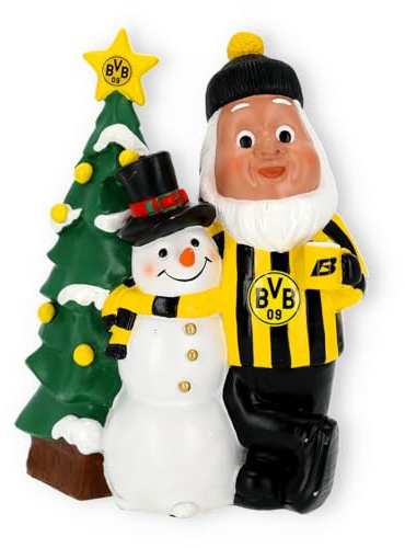 Dortmund BVB Borussia Weihnachts-Gartenzwerg mit Schneemann und Tannenbaum, Polyresin, Schwarz-Gelb, 17,5x9,5x22,5 cm, Winterdekoration