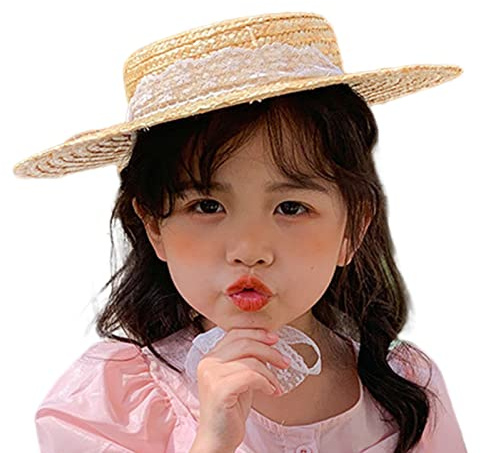 YROHGKPN Sombrero de paja para bebé para niñas, protección solar, parte superior plana con cinta de encaje, transpirable, visera ancha, gorra solar para niños pequeños, niñas, gorro de bebé Panamá