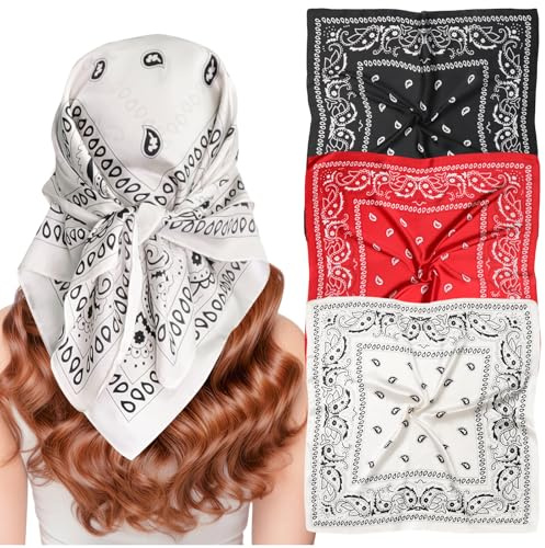 loghohu 3 Stück Kopftuch Damen,70x70 cm Große Seidentuch Haare,Seide Gefühl Satin Bandana Damen,Kopftücher für Frau Taschentuch Ansatz Bandanas Haartuch Halstuch Haarschmuck(Schwarz Rot Weiß)