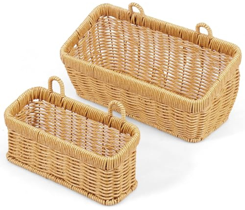2 Pack Hanging Wall Baskets, Wicker Effect Plastic Rattan Woven Storage Baskets, Wall Mounted Organiser for Kitchen Onion Garlic, Bathroom & Bedroom Decor, Large & Small