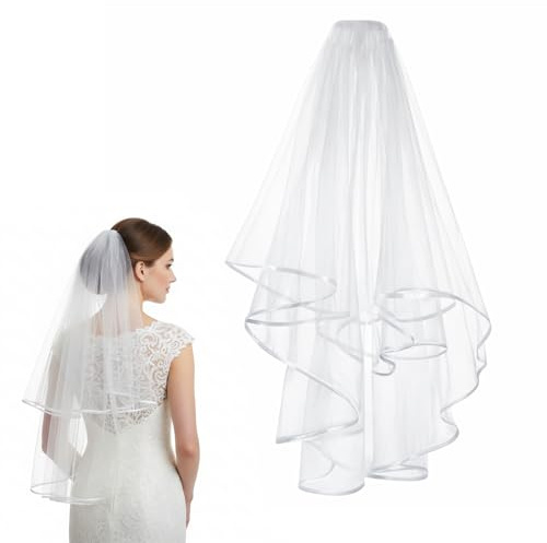 Brautschleier Hochzeit mit Kamm Schleier kurz Bridal Tüll Elegent Braut Bridal Tüll Hochzeitsschleier Hochzeit Kurzer Schleier Ribbon Edge Brautschleier für Junggesellinnenabschied Traumhochzeit