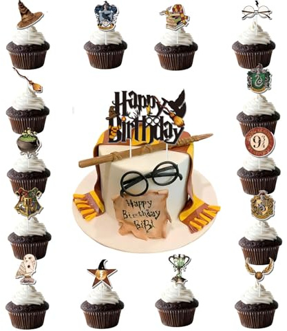 16Pcs Tortendekorationsset mit 15 Cupcake-Toppern und 1 Tortenfigur für Potter- und Teenager-Geburtstagsfeiern Mädchen/Junge