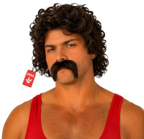 Fun Shack Vokuhila Perücke Braun Herren, 70er 80er Jahre Locken Perücke für Fasching Karneval, Kostüm Zubehör für Männer