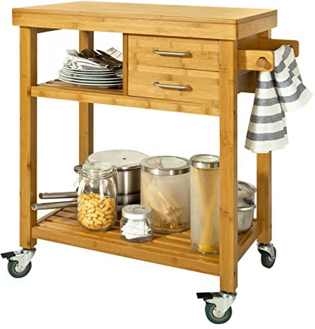 SoBuy FKW26-N Servierwagen Küchenwagen Rollwagen mit Schublade und Handtuchhalter Bambus BHT ca: 73x92x45cm