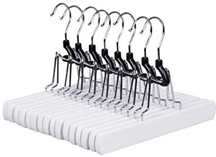 Amber Home 10 Pack White Wooden Pants Hangers, Wood Clamp Hangers with Non Slip Padded Velvet, Jeans/Slacks Hangers Hair Extension Hangers for Skirts, Trousers, Wigs (White, 10)