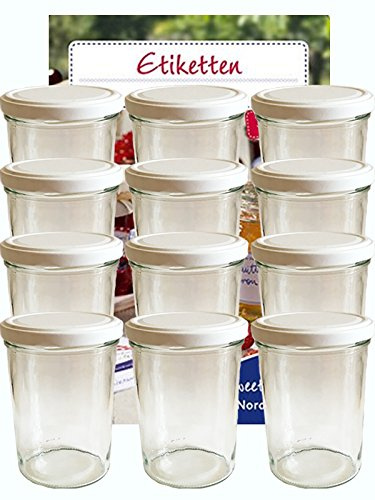 hocz 12er Set Sturzgläser 435 ml incl. Deckel Deckelfarbe Weiß To 82 (12 Etiketten NZ) zum Beschriften Haushaltsetiketten Marmeladenglas Einmachglas Sweet Family