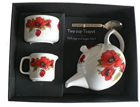 Poppy Teapot, Milk jug and Sugar Bowl in Gift Set - Porcelain teapot, with Matching Milk & Sugar in Gift Boxed Package