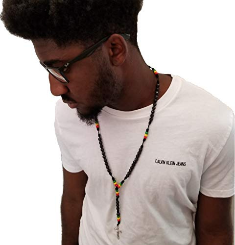BUNFIREs Jesus Necklace Rosary Cross with Rasta Colors Irie Jesus Necklace Rosary Bead