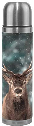 WowPrint Wald Tier Hirsch Muster Reisebecher Echtleder isolierte Travel Mug Edelstahl-Wasserflasche Auslaufsicher Doppelwandig Thermoskanne Vakuumflasche 500 ml