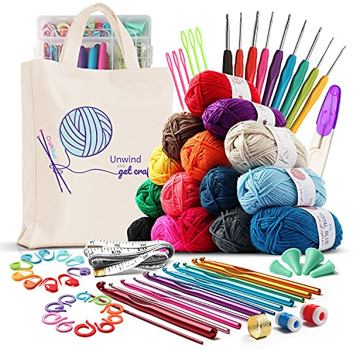Set di 73 pezzi per uncinetto con uncinetti, set di filati, include gomitoli di filato, aghi, kit di accessori, borsa tote in tela e molto altro ancora,principianti, professionisti.