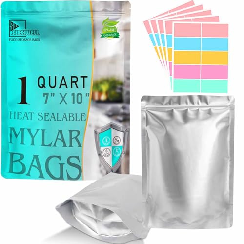 SHXWELL 50 st 1 Quart Mylar-väskor för matförvaring, 17,78 x 25,4 cm 10 mil stående blixtlåsfickor återförslutningsbara och värmeförseglingsbara för långvarig matförvaring (18,78 x 25,4 cm, extra