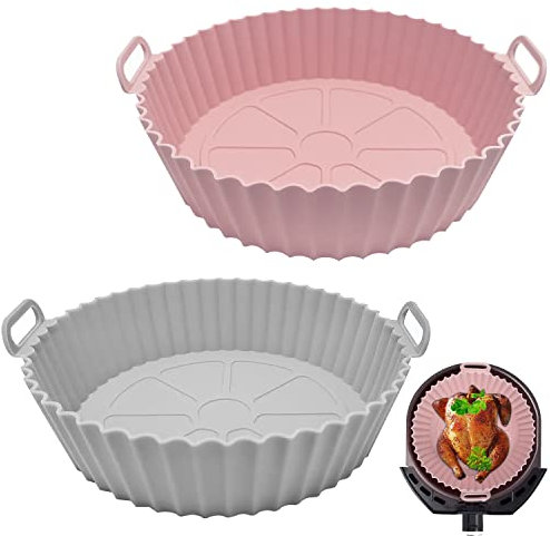 2 pièces Très Large Panier en Silicone Accessoires de Friteuse Nouveau style, Panier en Silicone Réutilisable pour Airfryer,Micro-Ondes, Le Moule à Gâteau, Le Cuiseur Vapeur, etc (Rose + gris)