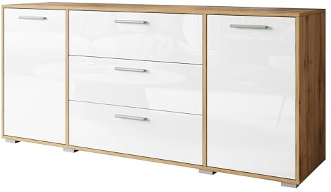 MINIO go for it - Kommode mit Schubladen 150 cm Breit TOGA I Sideboard für Wohnzimmer Schlafzimmer Flur I Moderne Komodenschrank I Kommode Weiss Hochglanz/Wotan Eiche