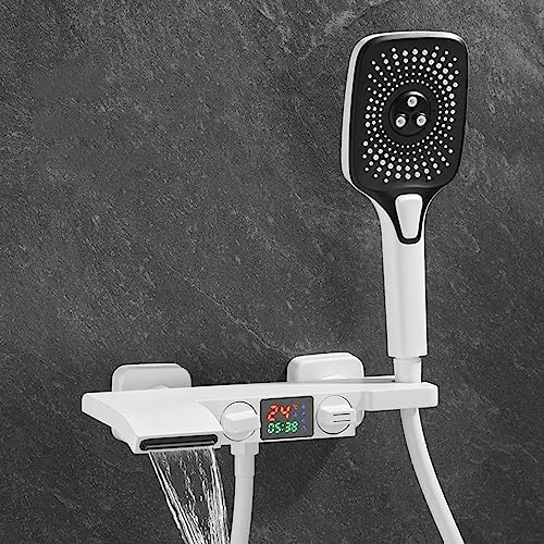 Wannenarmatur mit Handbrause Badewannenarmatur Wasserfall mit Brause mit Digitaler Bildschirm 3 Modi Bad Armatur Badewanne, Weiß