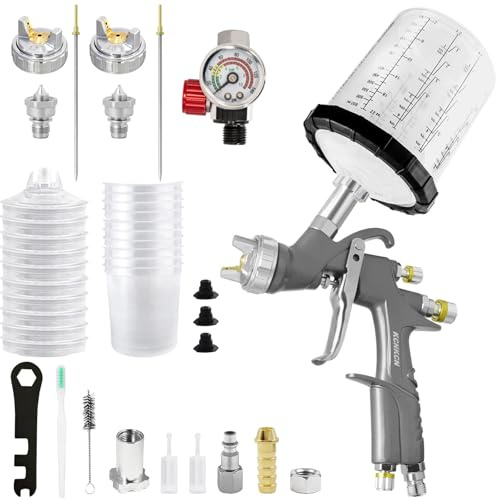 KCNKCN D1 LVLP Air Spray Gun Premium Kit, with 650ml Mixing Cup & 10x Disposable Cups, 1.3/1.7/2.0mm Nozzles Paint Gun Sprayer, Automotive Paint Gun for House Painting, Car, Furniture, Fence