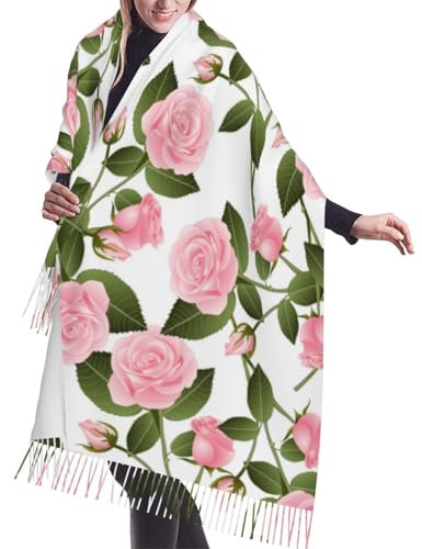 Poadnly Rosa Rose auf Weiß, Großer weicher Kaschmir-Schal, Wickelschal, Fransenschal, leichte Stola, 196 x 68 cm