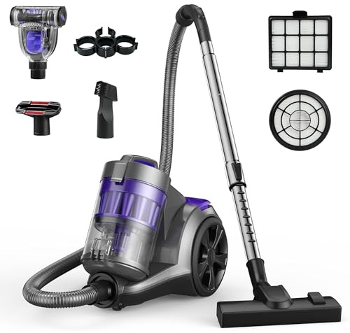 Aspiron 1700W Canister Vacuum Cleaner, 45Kpa Bagless Vacuum Cleaner, Multi-Cyclonic Filtration, 2 Anti-Allergen HEPA Filters, 3.5QT Dust Cup, 4 Tools, Corded Vacuum for Hard Floor, Pet Hair, Amethyst