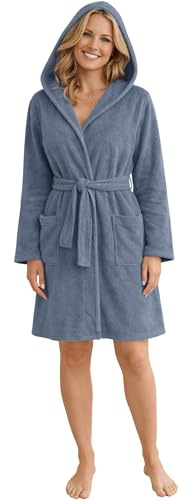 Morgenstern Bademantel Damen Leicht-Frottee Dünn 100% Baumwolle Kurz mit Kapuze Oeko-Tex-Standard M Blau