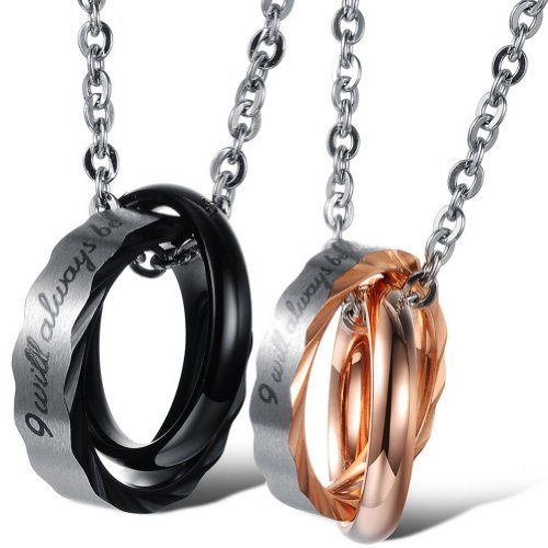 JewelryWe Paar Kette Edelstahl Partnerkette: 2 Freundschaftsketten Zirkonia Ringe Partner Anhänger mit Gravur I Will Always be with You Pärchen Halskette für Damen Herren Gold Schwarz Silber