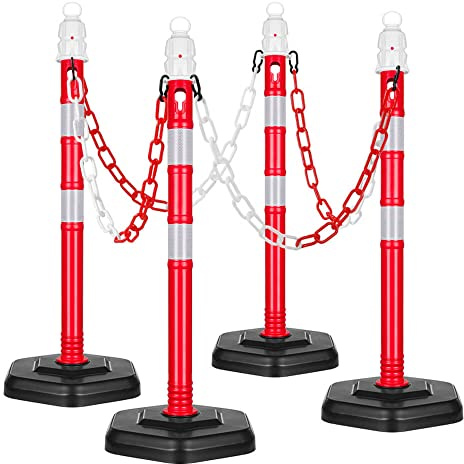 TMS PRO SHOP Kettenpfostenset Multi-MAX, 4 Stück, rot/weiß, mit 15 m Kette aus Kunststoff, Art.-Nr. 37173 | Kettenpfosten | Absperrpfosten | Absperrkette