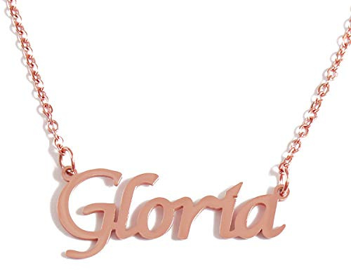 Kigu Gloria - Collar con nombre personalizado chapado en oro rosa de 18 quilates, colgante personalizado con nombre delicado, joyería para damas, novia, madre, hermana, amigas, bolsa y caja