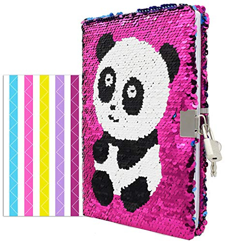 VIPbuy Vändbar Paljetter-Anteckningsbok Med Lås-Och Nycklar, Linjerad, Resedagbok Med Fotohörn För Barn, Storlek A5 (215 X 140 Mm), 156 Sidor, Regnbåge Till Silver Panda (Rosa Röd Till Blå)
